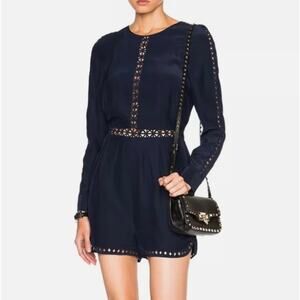 JONATHAN SIMKHAI | Silk Navy Blue Crossbar Romper Jumpsuit | Size Medium